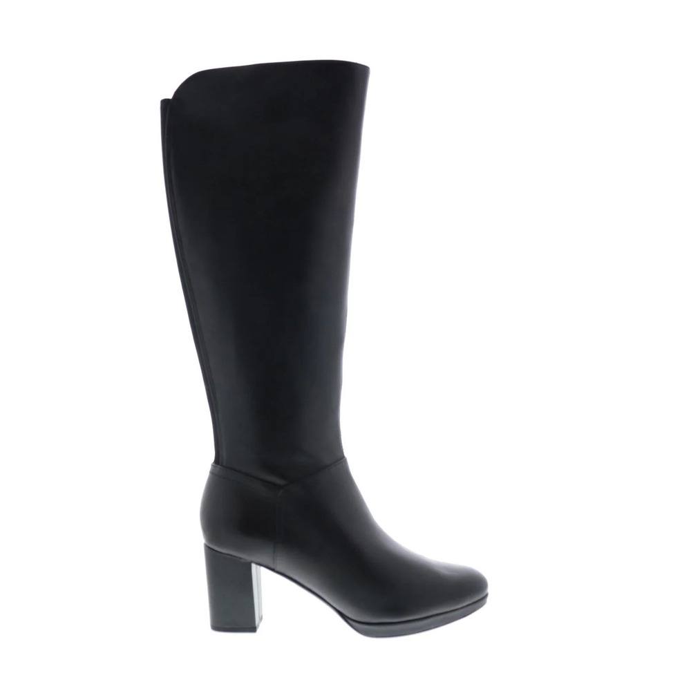 Clarks Kelda Pearl Tall Leather Boots Black Knee High Block Heel